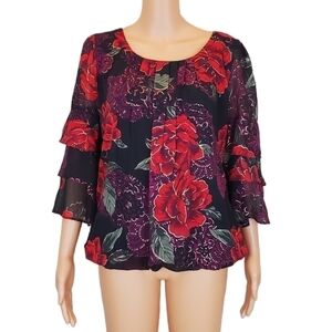 Sara Michelle black floral 3/4 sleeve blouse SIZE S